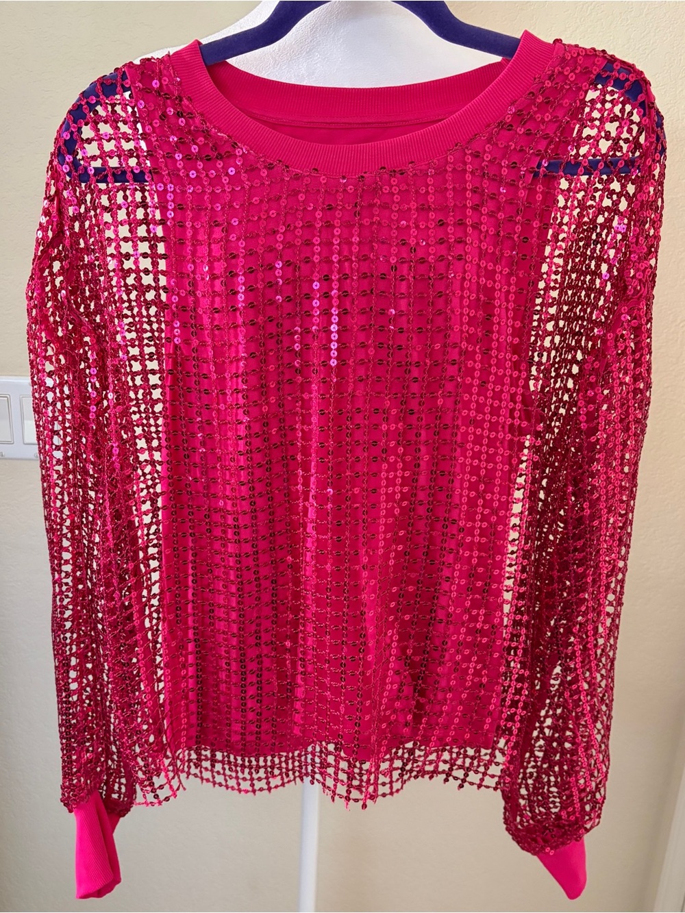 Pilcro Fuchsia Sequin Open-Knit Top